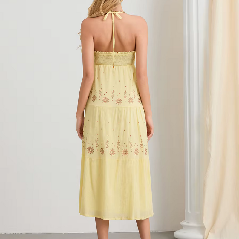 vestido-midi-babados na bainha-amarelo